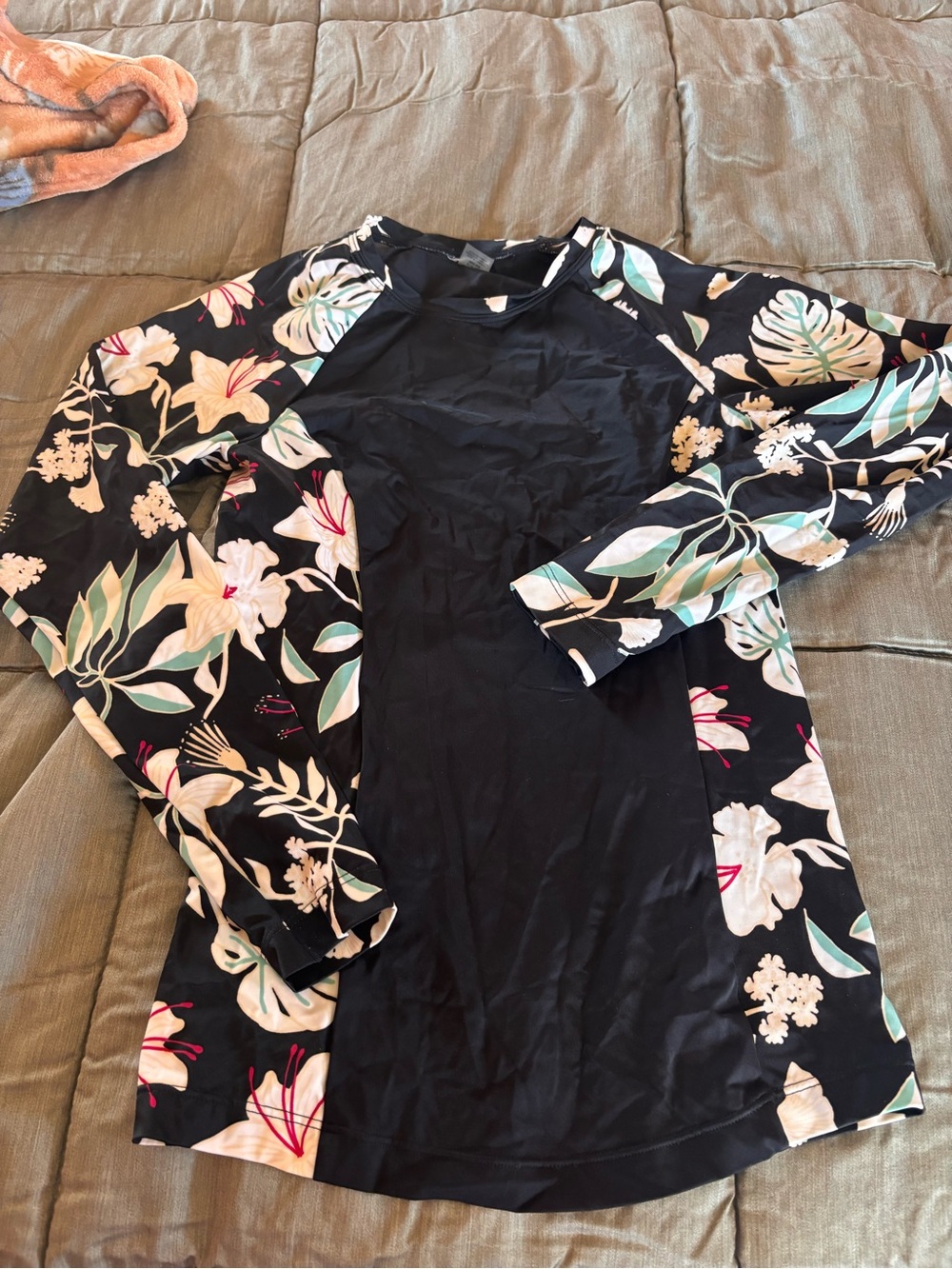 Roxy Black Rash Guard with Pink Floral Accents